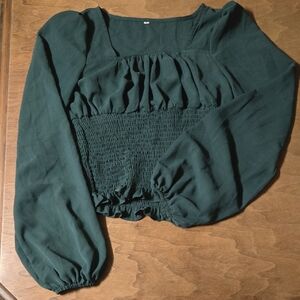 SHEIN Dark Green Smocked Square Neck Blouse